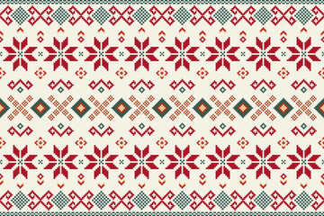 Pixel seamless pattern of a traditional Scandinavian Christmas pattern featuring red snowflakes on a white background.