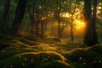 Obraz premium A magical forest clearing at sunset with beams of golden light filtering through ancient trees, a bed of soft moss underfoot, and fireflies dancing in the air, creating a dreamy, enchanting scene.