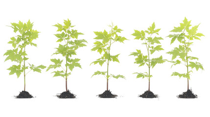Fototapeta premium Set of young green maple saplings isolated on transparent background