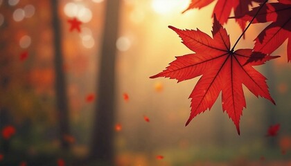 Vibrant Red Maple Leaf in Warm Autumn Forest with Soft Bokeh Background