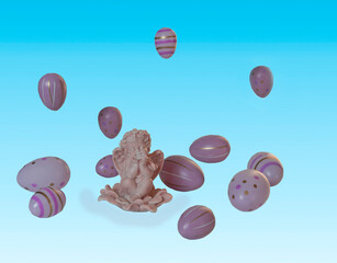 Pink angel with purple Easter eggs around him on a blue background.