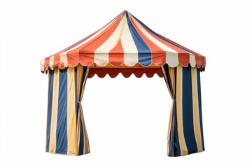 Striped tent with open curtains.