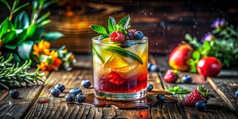 Vibrant and Artistic Cocktail Presentation with Colorful Garnishes in a Stylish Glass on a Wooden Bar Counter Surrounded by Fresh Fruits and Herbs for a Stunning Macro Photography Experience