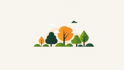 A colorful, stylized illustration of trees in various shapes and sizes, depicting a serene natural landscape in autumn.
