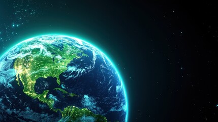 Obraz premium Stunning View of Earth from Space with Bright Blue Oceans, Lush Green Continents, and a Dark Starry Background Highlighting Planetary Beauty and Structure