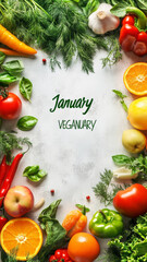 A vibrant arrangement of assorted fresh fruits, vegetables, and herbs creates a beautiful frame, perfect for highlighting text in January during Veganuary celebration