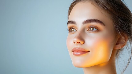 Fototapeta premium The womans radiant skin is illuminated by a soft, warm orange light, creating a serene and ethereal vibe as she gazes calmly into the distance
