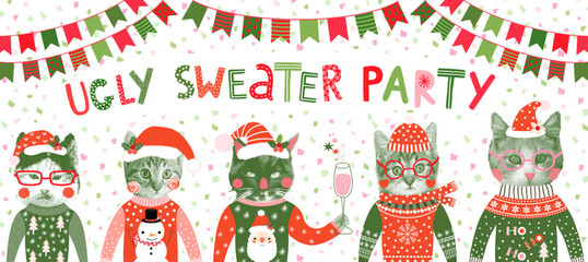 Cute Ugly Christmas Sweater Banner with Fun Hipster Cats with Santa Hats, Glasses and Hats in Red and Green, Halftone Collage Style