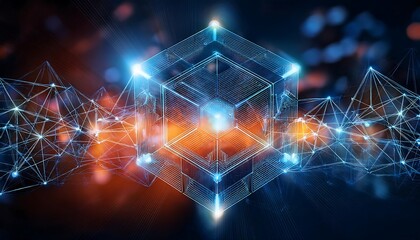 Obraz premium Connected lines and dots form glowing blue and orange cubes on a blurred dark background.