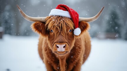 Scottish highland cow with Santa hat amidst snowfall, Christmas, farm, animals