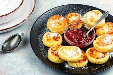 Tasty cottage cheese pancakes, Syrniki.