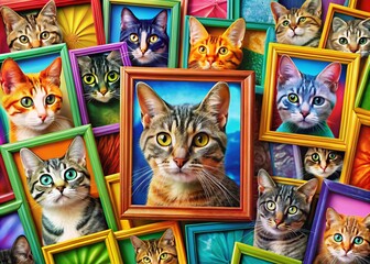 Vibrant Double Exposure Photography of a Cat Collage in Colorful Frames Showcasing Unique Expressions and Artistic Flair for Pet Lovers and Home Decor Enthusiasts