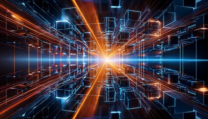 Obraz premium Glowing orange and blue lines and cubes intersect in a dark space, representing a complex technological network or system.