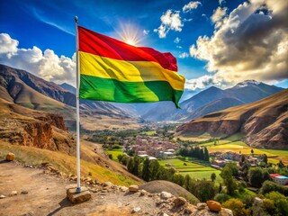 Vibrant Flag of Bolivia Flutters Against a Stunning Landscape, Symbolizing National Pride and Cultural Heritage in a Captivating Documentary Photography Style