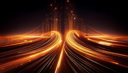 Glowing orange streams of data curve and flow, suggesting a dynamic exchange of digital information in a technological space.