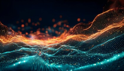 Luminous orange and teal waves of light and particles flow across a dark background, creating a dynamic abstract digital landscape.