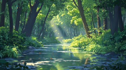 Obraz premium A peaceful forest scene with a gentle river flowing through it, small fish swimming in clear water, surrounded by trees and lush greenery. Sunlight filters through dense foliage, casting dappled shado