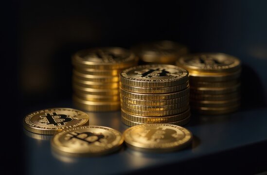Stacks of bitcoin gold coins in the safe box, close-up