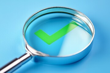 A magnifier focuses on a green checkmark at a clean colored background