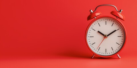 A vibrant red alarm clock against a matching background, showcasing a classic design and round face with bold numerals.