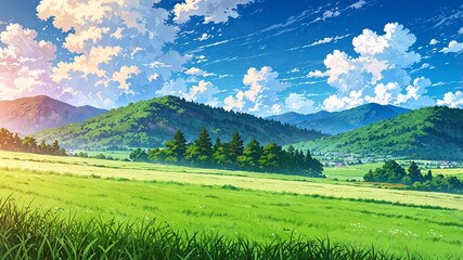 Serene Anime Landscape with Lush Greenery and Blue Skies