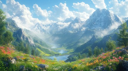 Fototapeta premium Serene mountain landscape with vibrant flowers and a tranquil lake.