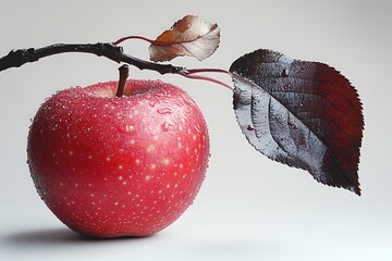 Fresh red Apple fruit with green leaf and water droplets isolated on white background with clipping path.
