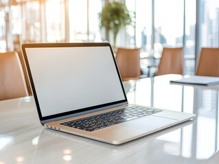 Fototapeta premium A sleek laptop sits on a modern conference table, bathed in natural light from large windows, ideal for productive work sessions.