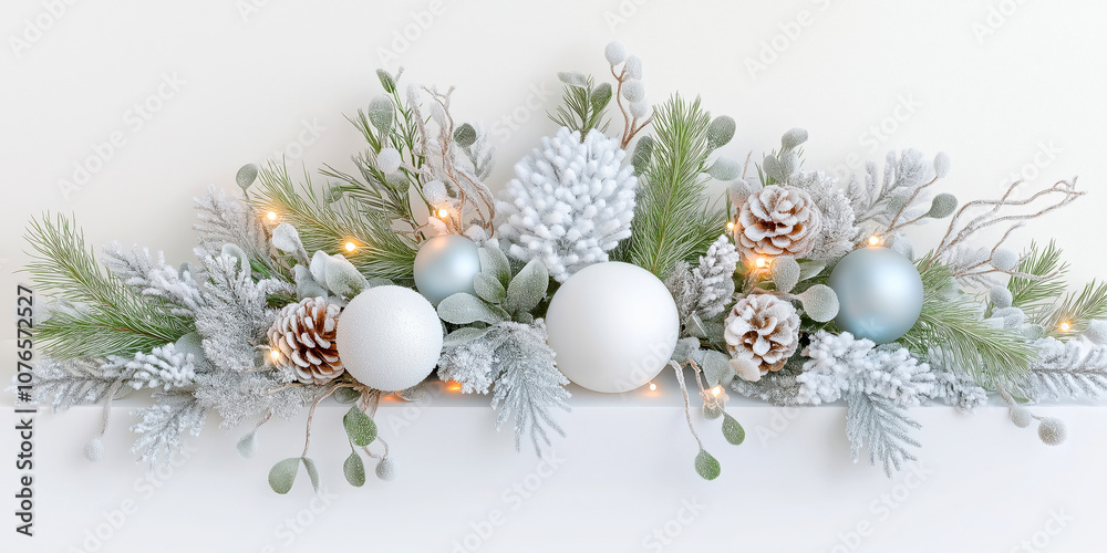 Poster Elegant Winter Holiday Frame with White and Blush Floral Arrangements and Snowy Decorations. Winter festive composition for Christmas, New Year