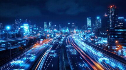Cityscape at Night with Traffic Trails and Technology Symbols