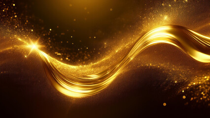 The background is a gold scent flow with gold glitter smoke particles. Shimmering light spray with golden glitter fluid sparkles and golden flares shining like gold flares.