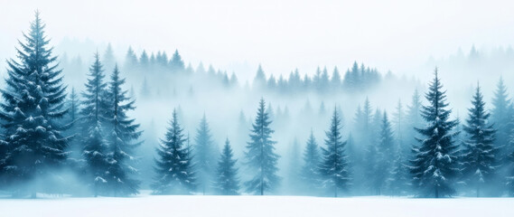 Misty Winter Forest with Snow-Covered Pines and Enchanting Fog. banner