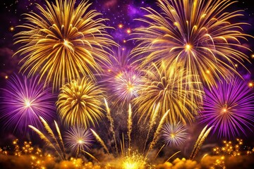 Fototapeta premium Vibrant Purple Backgrounds with Explosive Gold Fireworks Display for Celebrations and Events in High Depth of Field
