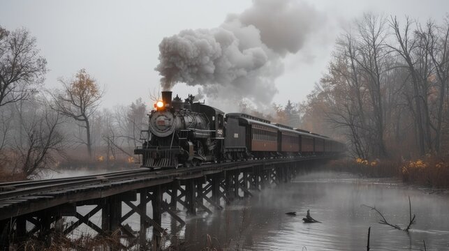 A steam locomotive pulls a train across a wooden trestle bridge in a misty forest.