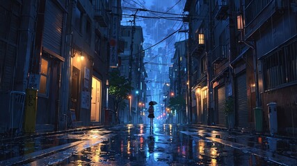 Empty Anime Street Scene at Night with Umbrella