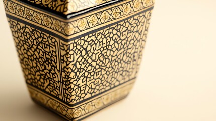 
Traditional Moroccan rectangular vase, expertly handcrafted with graphic patterns and gold tones, set in a low contrast environment with a minimalist cream background