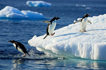 Group of Adelie Penguins on Ice with Penguin Jumping Across