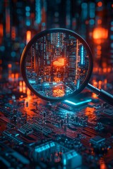 A magnifying glass over an electronic circuit board, with orange and blue lighting effects