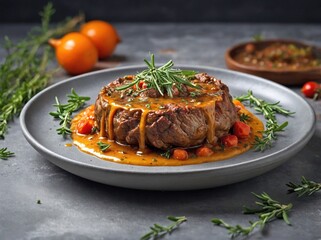 A top-down shot of Ossobuco served on a plain, rustic-style plate, with a drizzle of gravy around the meat.