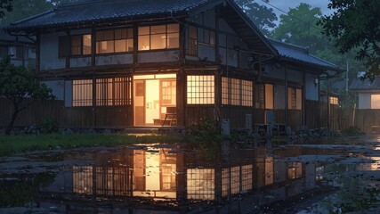 Obraz premium Tranquil Japanese House on Rainy Evening