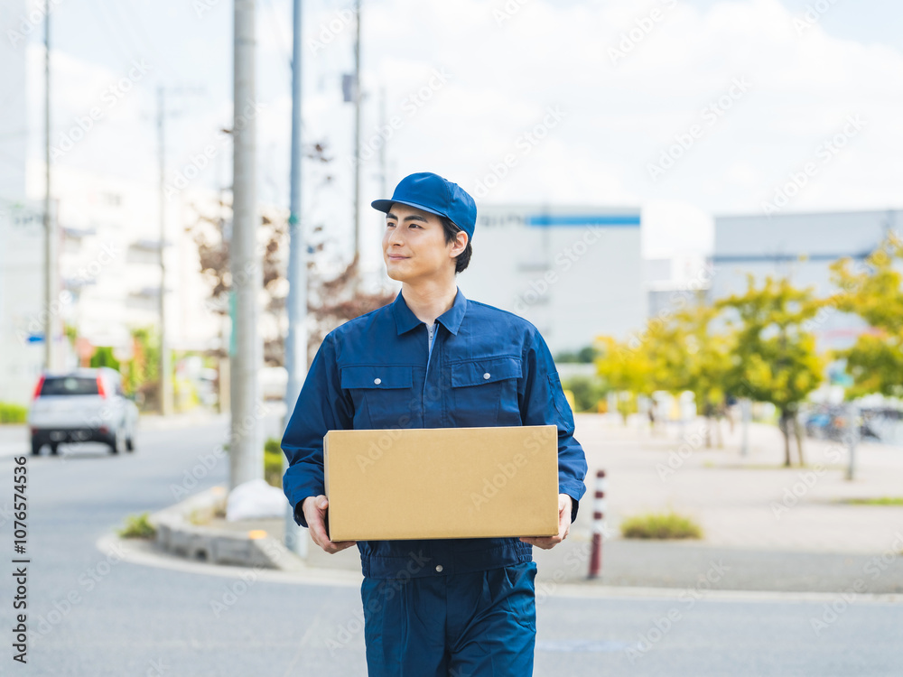Fototapete 配達員、デリバリー、運送業、宅配便、宅急便、ドライバー、物流、配達、男性、作業員、ロジスティクス、都市、街、道路、交通、屋外、セールスドライバー、集荷、ECサイト、通販、通信販売、eコマース、ビジネス、日本人、倉庫、出荷、安心、コピースペース、ギグワーカー、届ける、スタッフ、配送、運送、ラストワンマイル、荷物、ギグエコノミー、宅配、引越し、運ぶ、仕事、業者、運搬、ダンボール、作業服、若い、集配セン