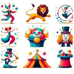 Fototapeta premium Colorful and Whimsical Circus Icons – Perfect for Carnivals and Fairs