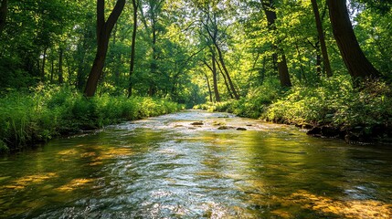 Obraz premium A peaceful forest with a clear river flowing gently, fish swimming in the water, surrounded by trees and lush greenery. Sunlight filtering through leaves creates dappled light on the water, highlighti