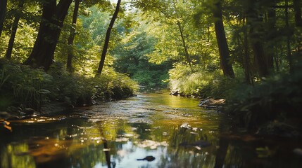 A peaceful forest with a clear river flowing gently, fish swimming in the water, surrounded by trees and lush greenery. Sunlight filtering through leaves creates dappled light on the water, highlighti
