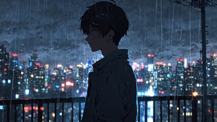 Melancholic Anime Boy in Silhouette Against Cityscape