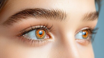 Naklejka premium The close up shot captures a woman mesmerizing orange eyes, beautifully accentuated by soft lighting that enhances the depth and intensity of their color