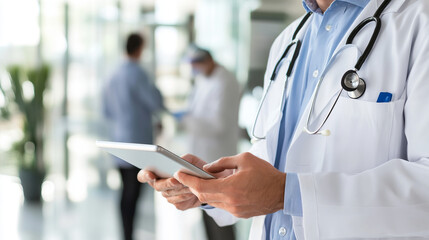 A male doctor working with a tablet, surrounded by other doctors, embodies the combination of traditional medicine and digital innovations to improve healthcare.