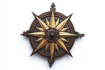 Ornate wooden compass with detailed carvings.