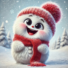 AI image - a funny, fluffy snowman with a red scarf and a fluffy red hat, perfect for a playful winter vibe!