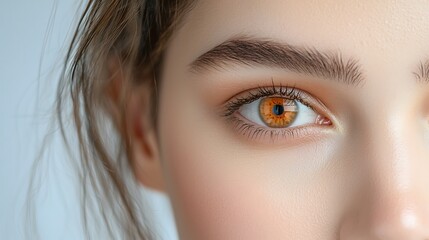 Fototapeta premium The close up shot captures a woman mesmerizing orange eyes, beautifully accentuated by soft lighting that enhances the depth and intensity of their color